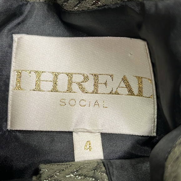 THREAD SOCIAL Cocktail Metallic Pleated SLV Bow Belt Sage Chevron Party Dress 4 - Picture 3 of 16